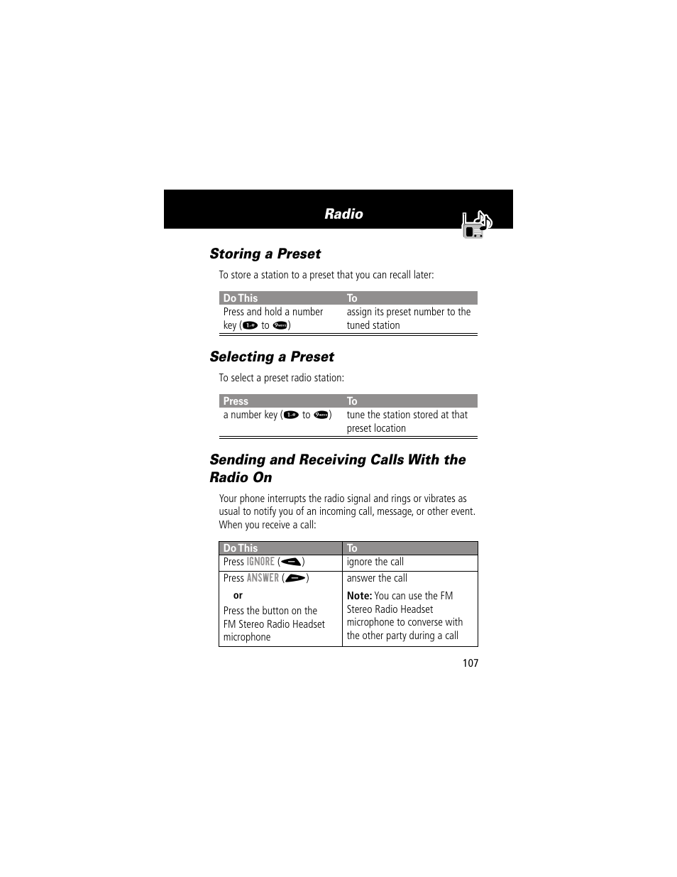 Storing a preset, Selecting a preset, Sending and receiving calls with the radio on | Radio storing a preset | Motorola 60g User Manual | Page 109 / 222