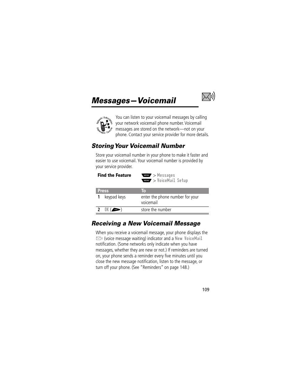 Messages—voicemail, Storing your voicemail number, Receiving a new voicemail message | Motorola 60g User Manual | Page 111 / 222