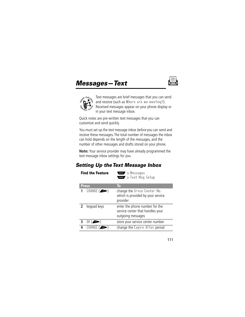 Messages—text, Setting up the text message inbox | Motorola 60g User Manual | Page 113 / 222