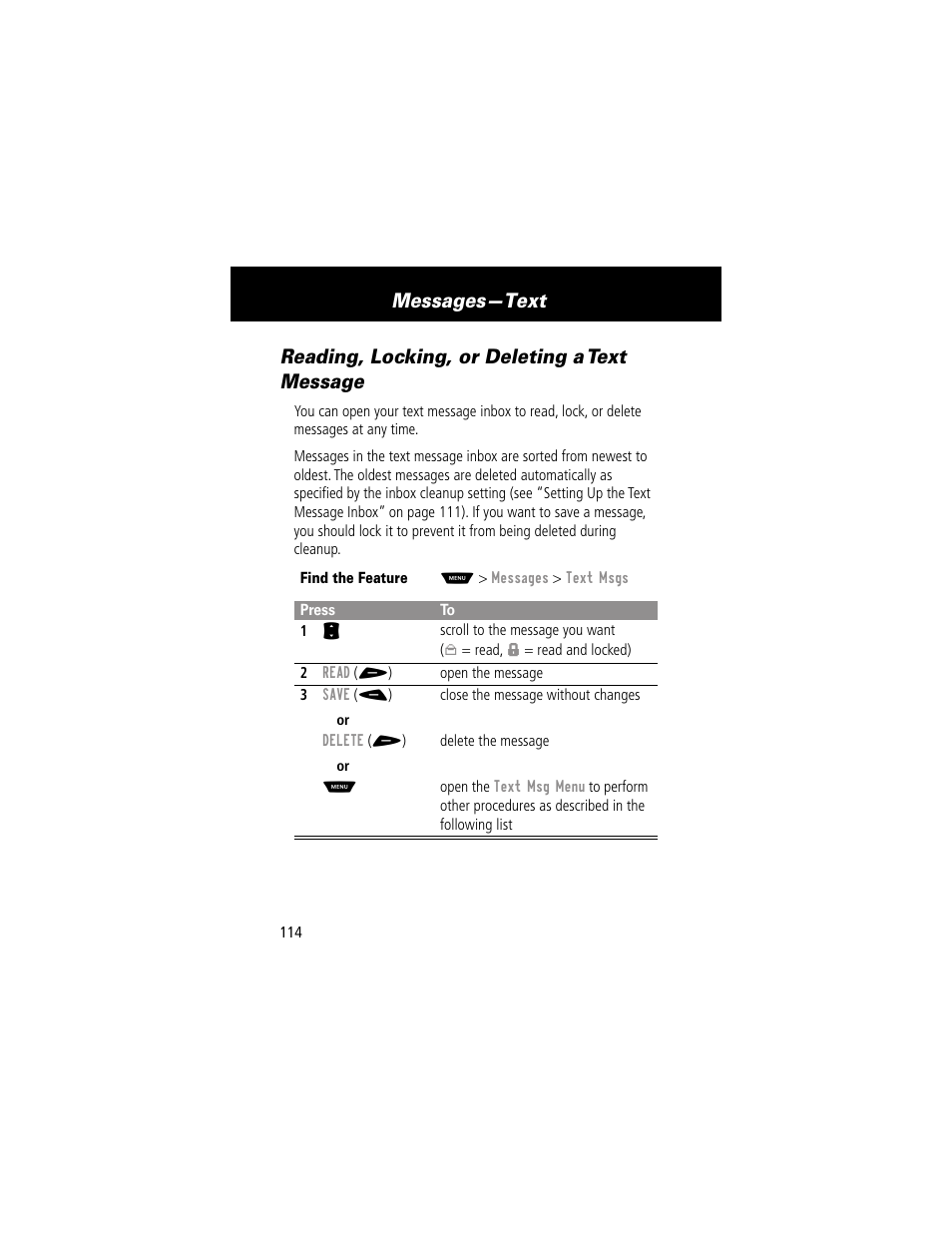 Reading, locking, or deleting a text message, Messages—text | Motorola 60g User Manual | Page 116 / 222