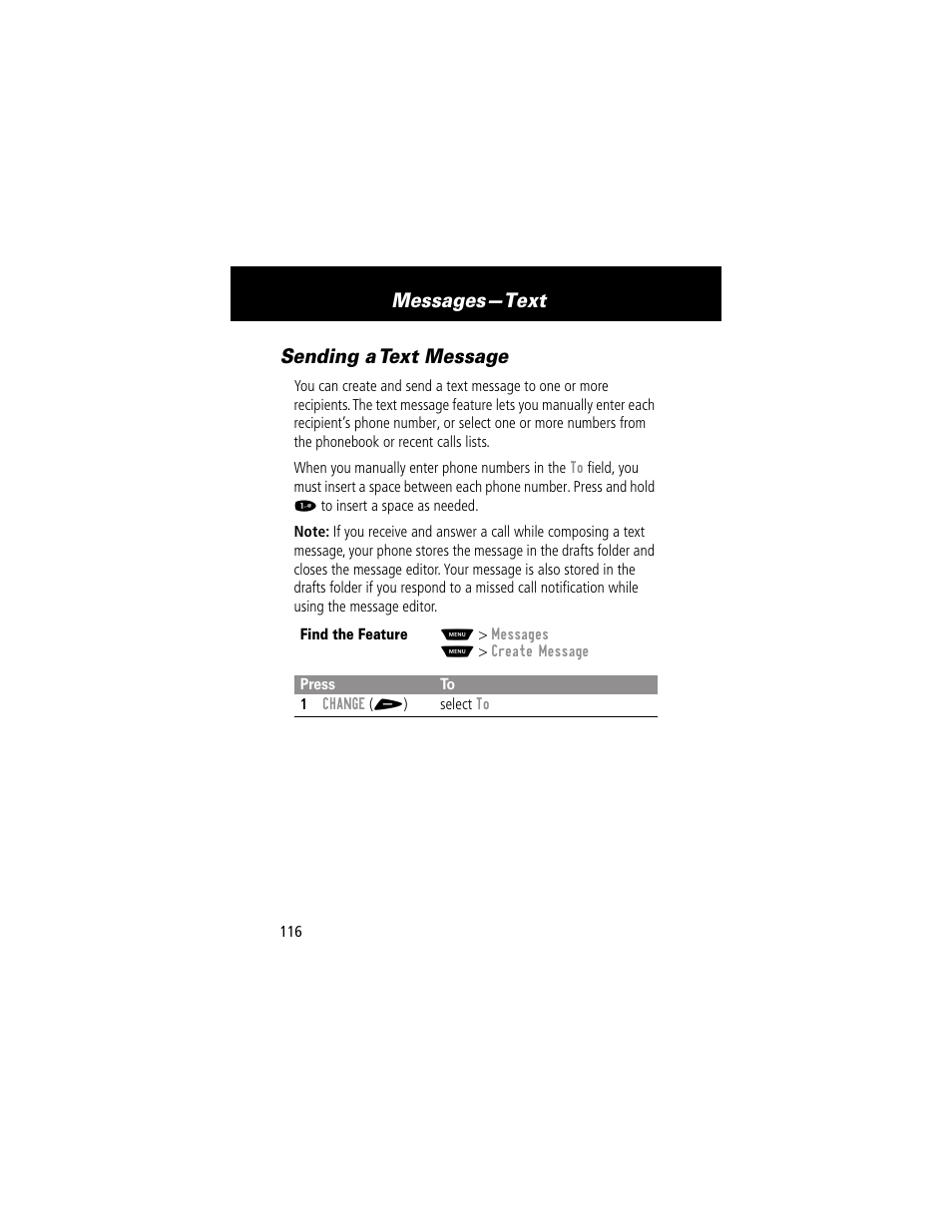 Sending a text message, Messages—text | Motorola 60g User Manual | Page 118 / 222