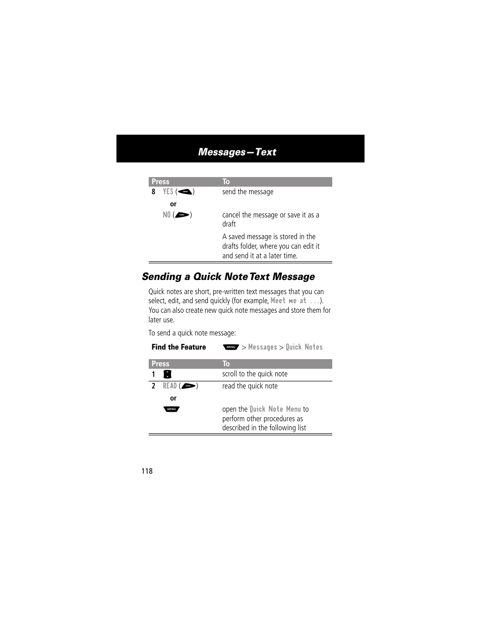 Sending a quick note text message, Messages—text | Motorola 60g User Manual | Page 120 / 222