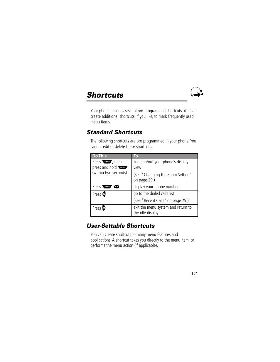 Shortcuts, Standard shortcuts, Usersettable shortcuts | Standard shortcuts user-settable shortcuts, User-settable shortcuts | Motorola 60g User Manual | Page 123 / 222