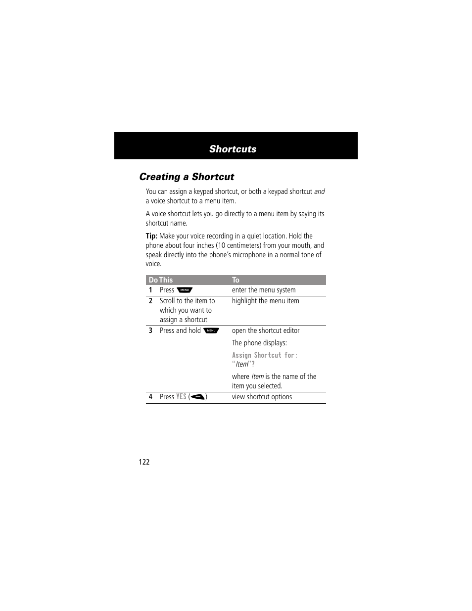 Creating a shortcut, Shortcuts | Motorola 60g User Manual | Page 124 / 222