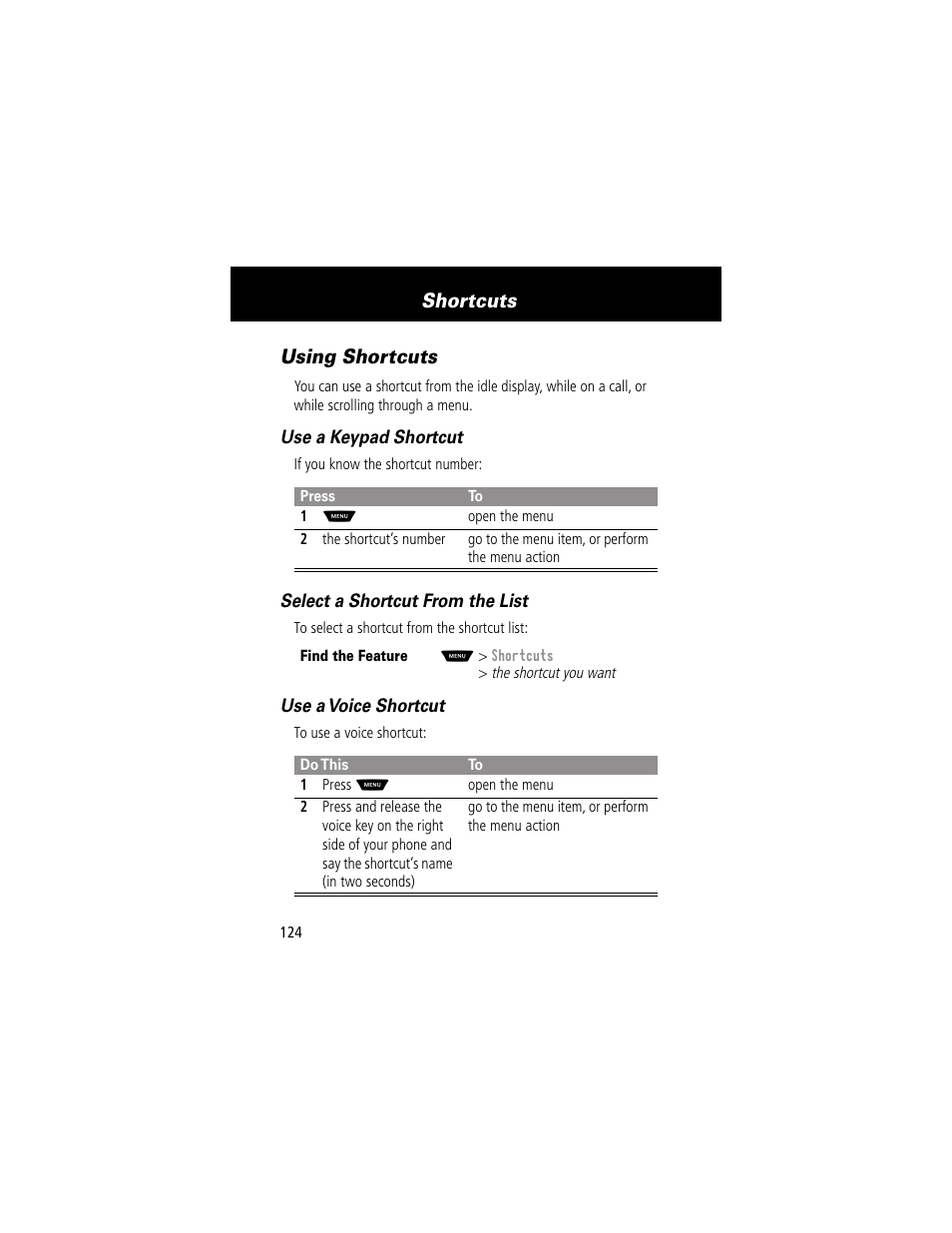 Using shortcuts, Shortcuts | Motorola 60g User Manual | Page 126 / 222