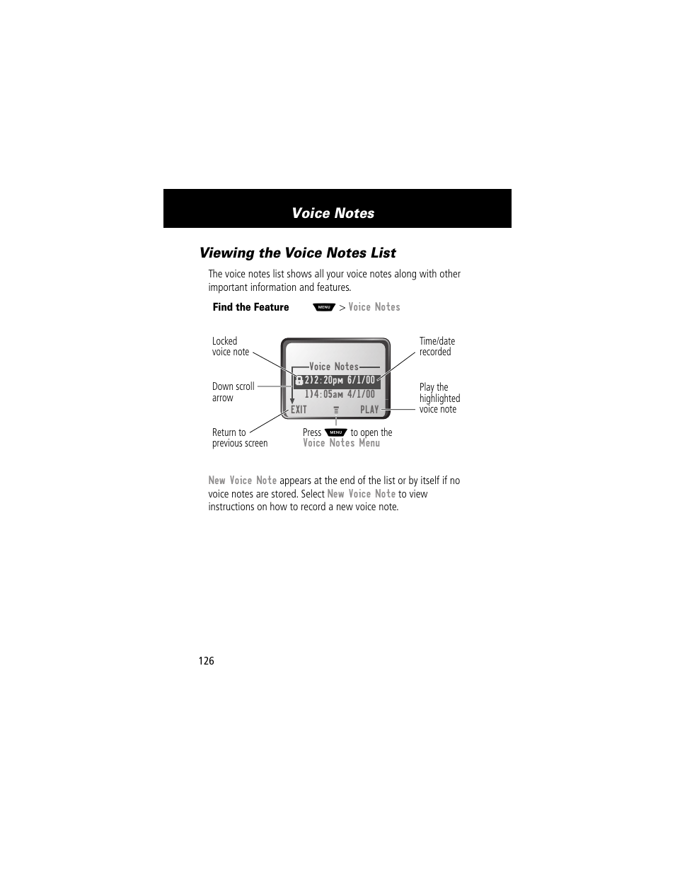 Viewing the voice notes list | Motorola 60g User Manual | Page 128 / 222