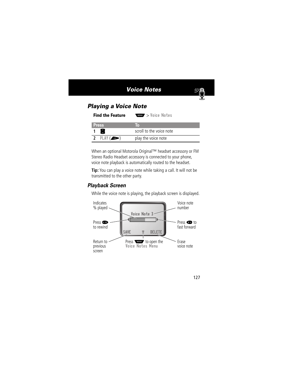 Playing a voice note | Motorola 60g User Manual | Page 129 / 222