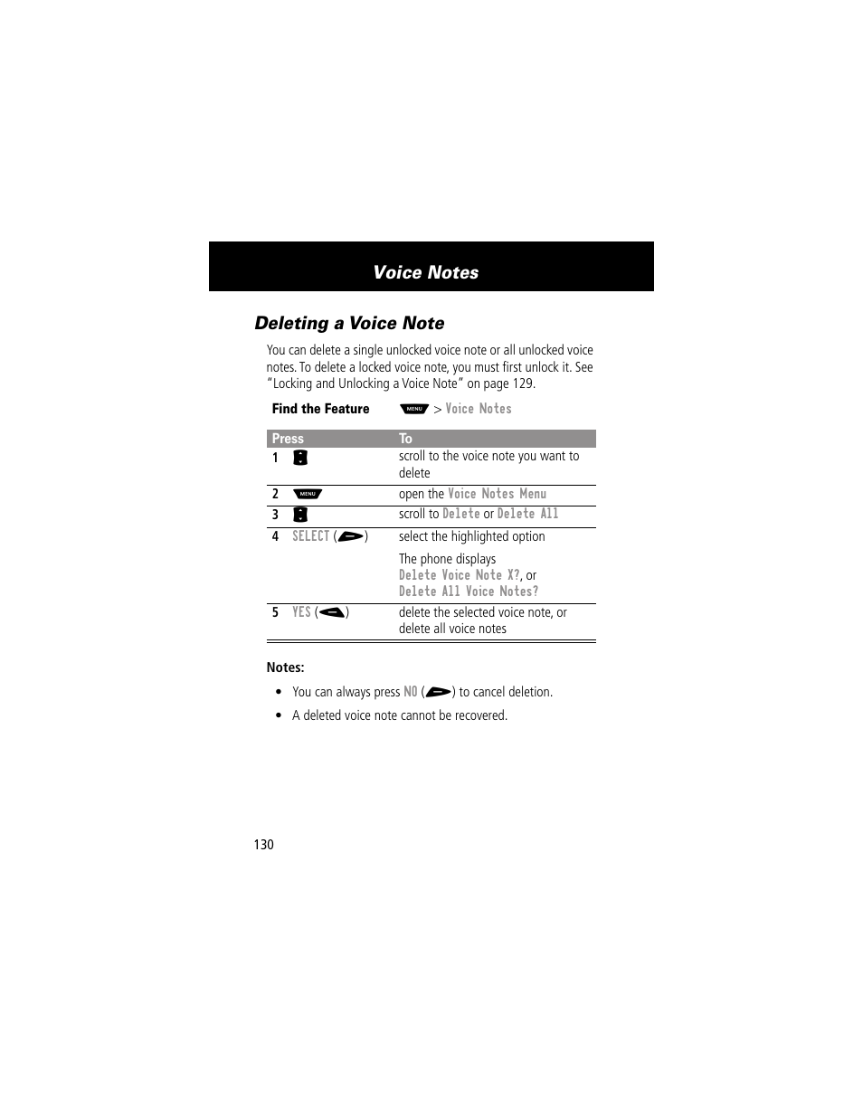 Deleting a voice note | Motorola 60g User Manual | Page 132 / 222