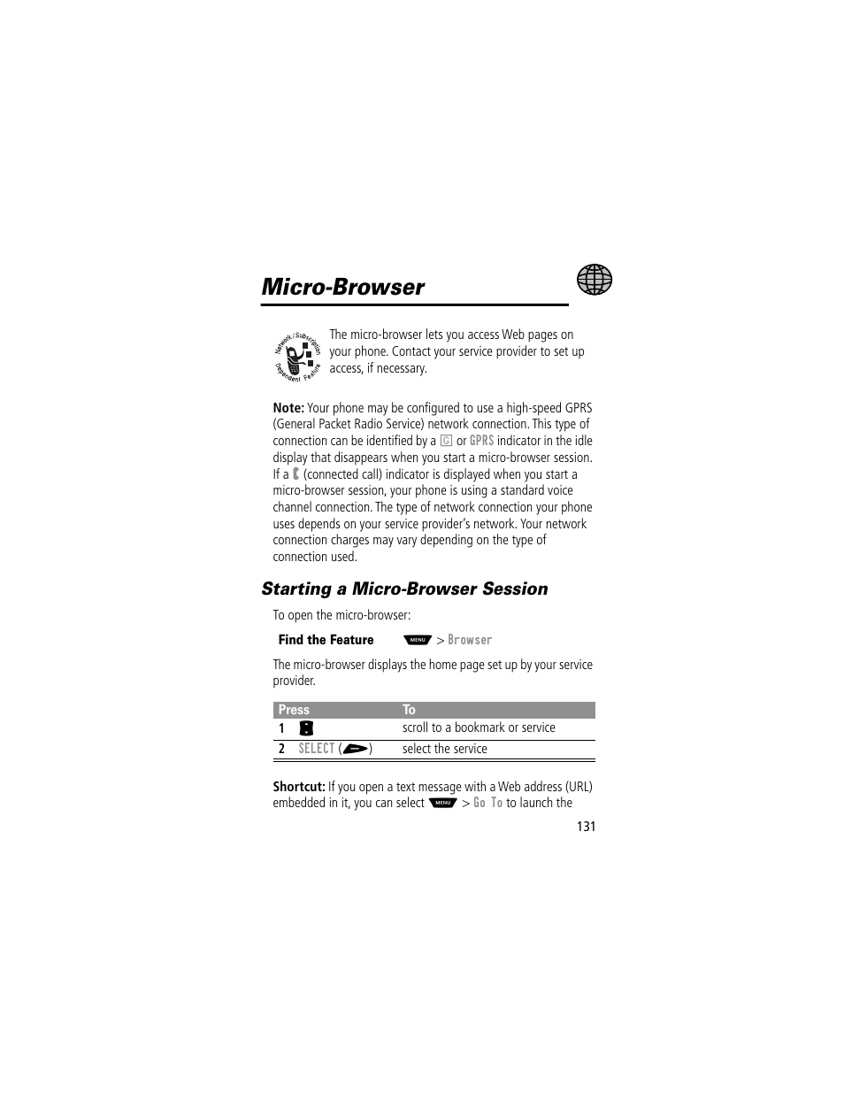 Microbrowser, Starting a microbrowser session, Micro-browser | Starting a micro-browser session | Motorola 60g User Manual | Page 133 / 222