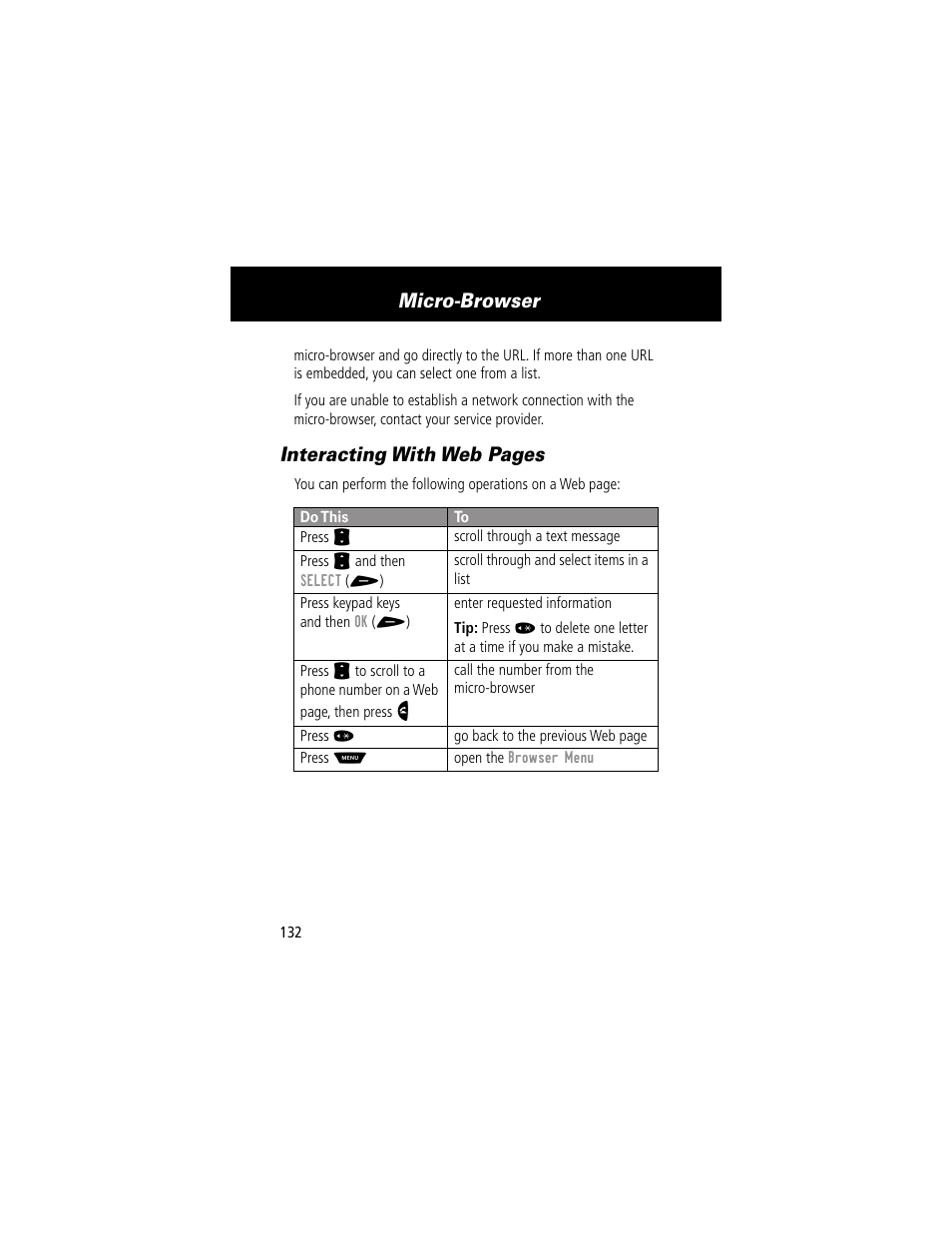 Micro-browser, Interacting with web pages | Motorola 60g User Manual | Page 134 / 222