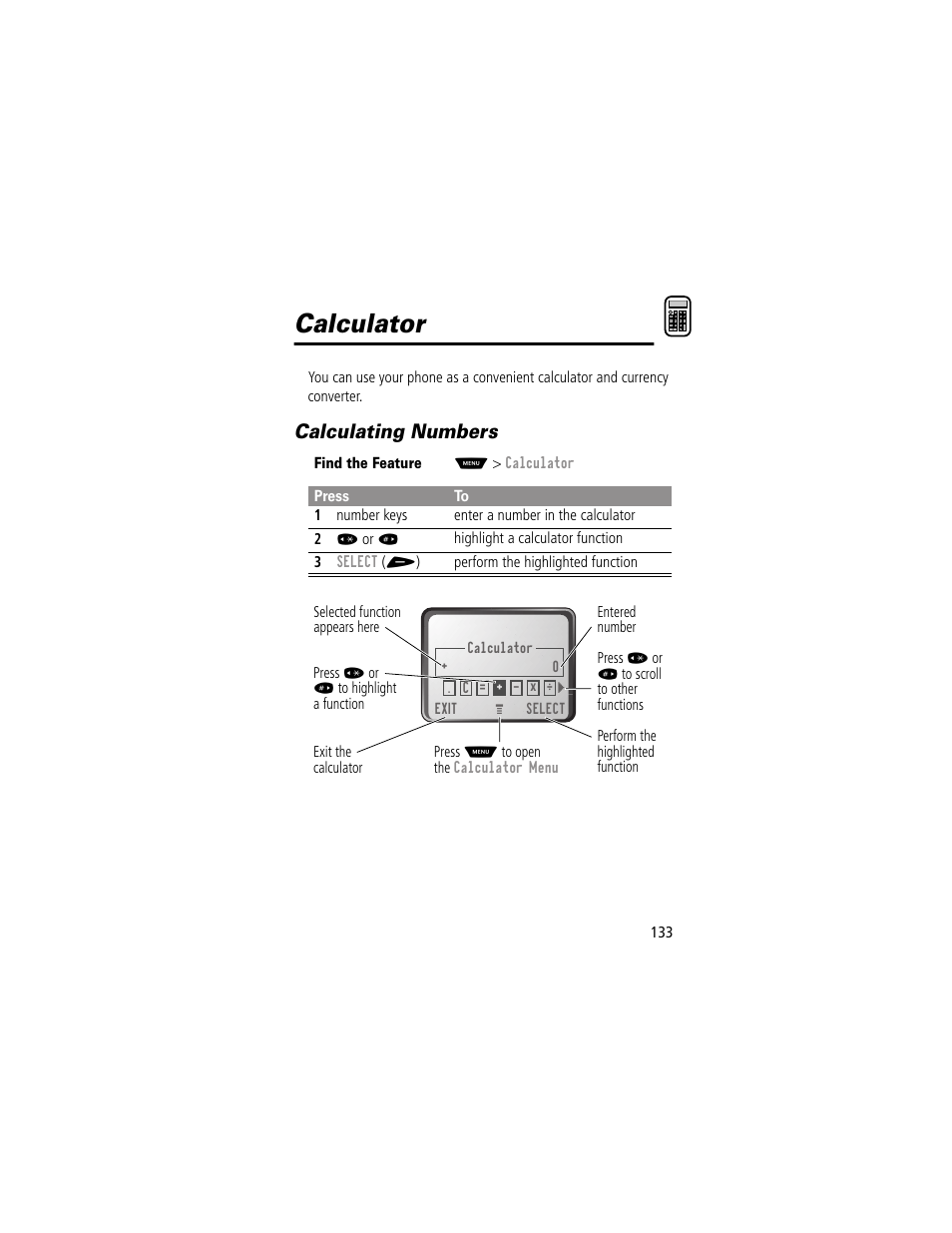 Calculator, Calculating numbers | Motorola 60g User Manual | Page 135 / 222