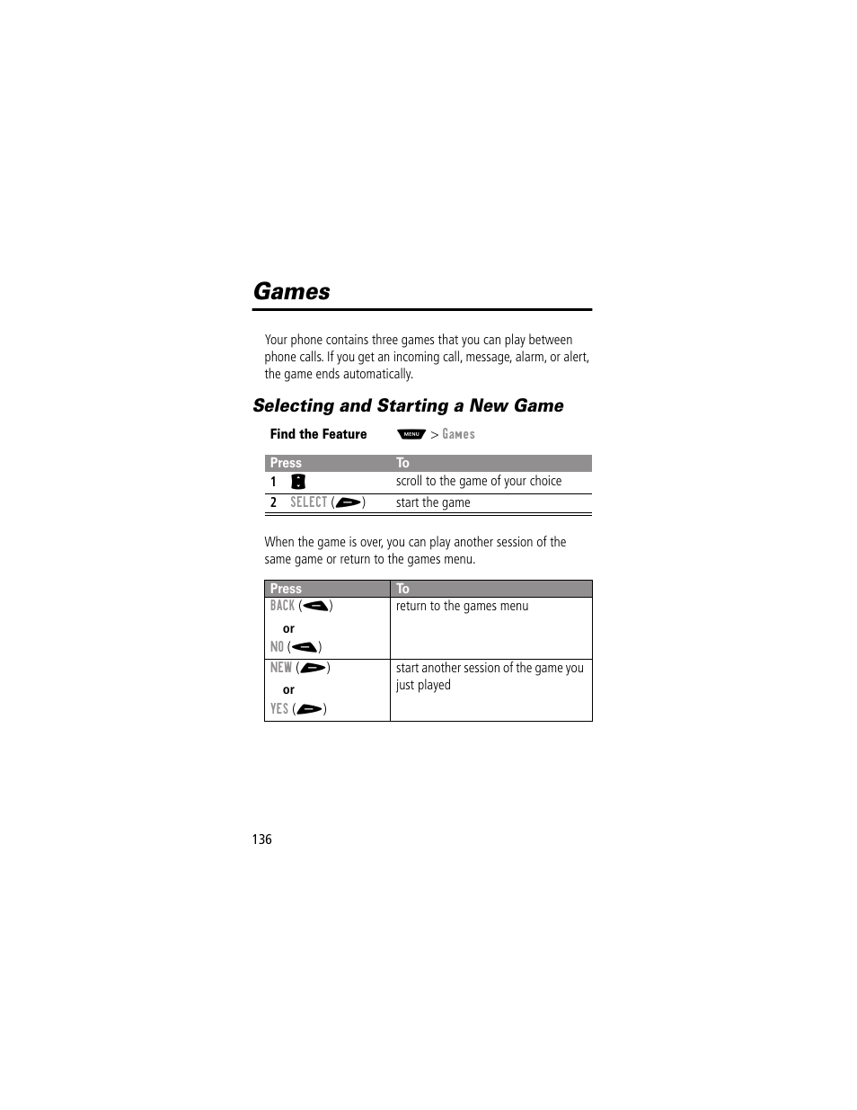 Games, Selecting and starting a new game | Motorola 60g User Manual | Page 138 / 222