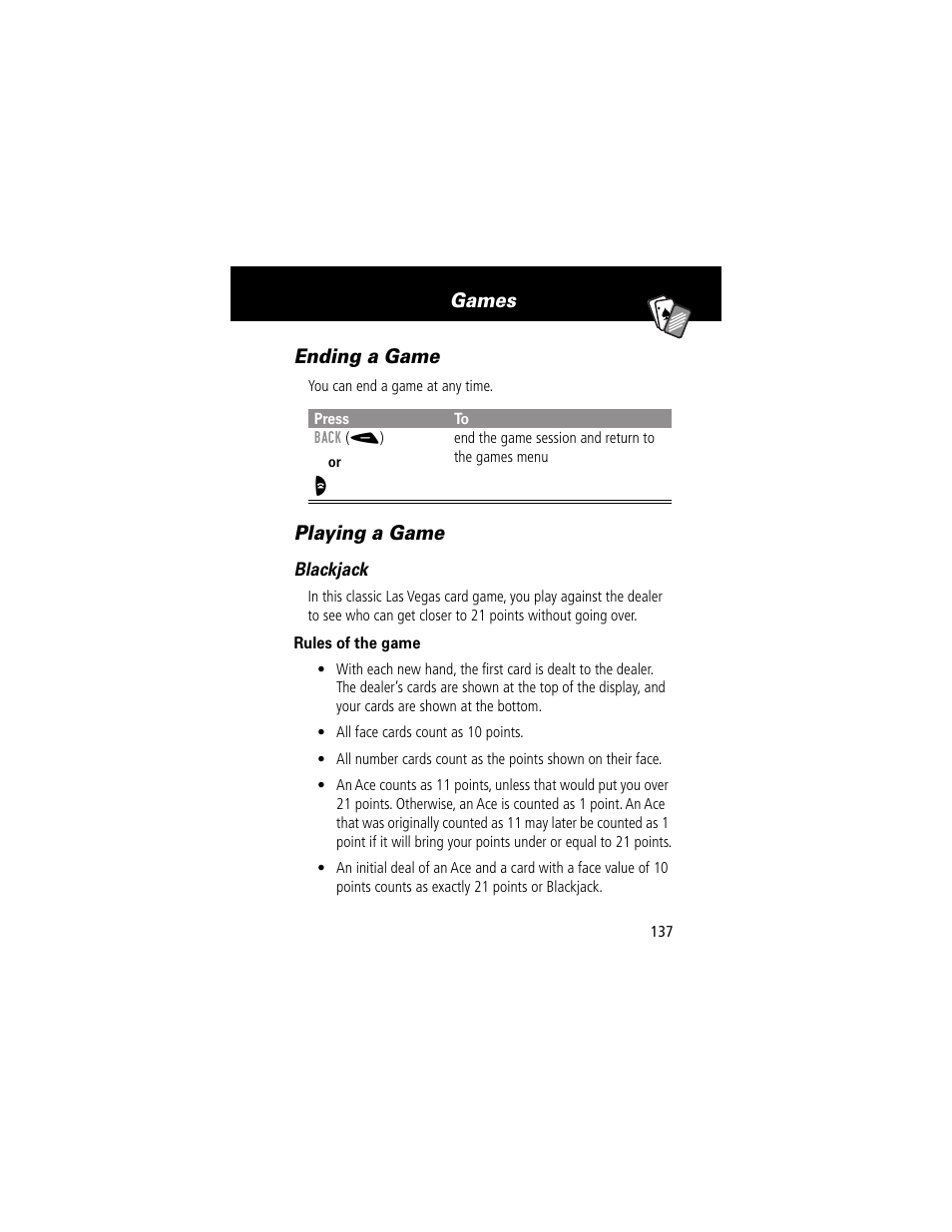 Ending a game, Playing a game, Ending a game playing a game | Games | Motorola 60g User Manual | Page 139 / 222