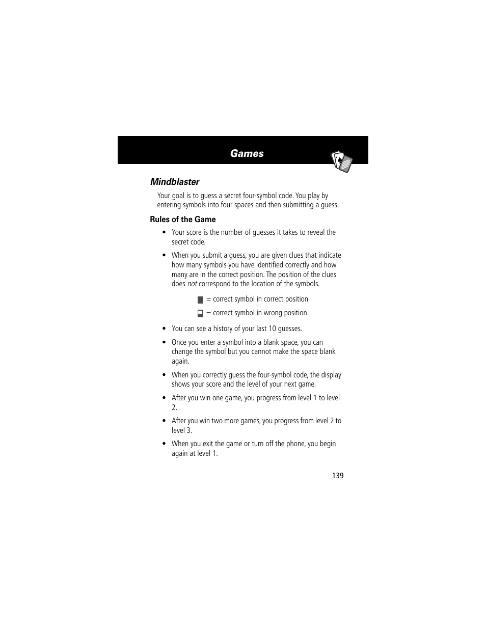 Games, Mindblaster | Motorola 60g User Manual | Page 141 / 222