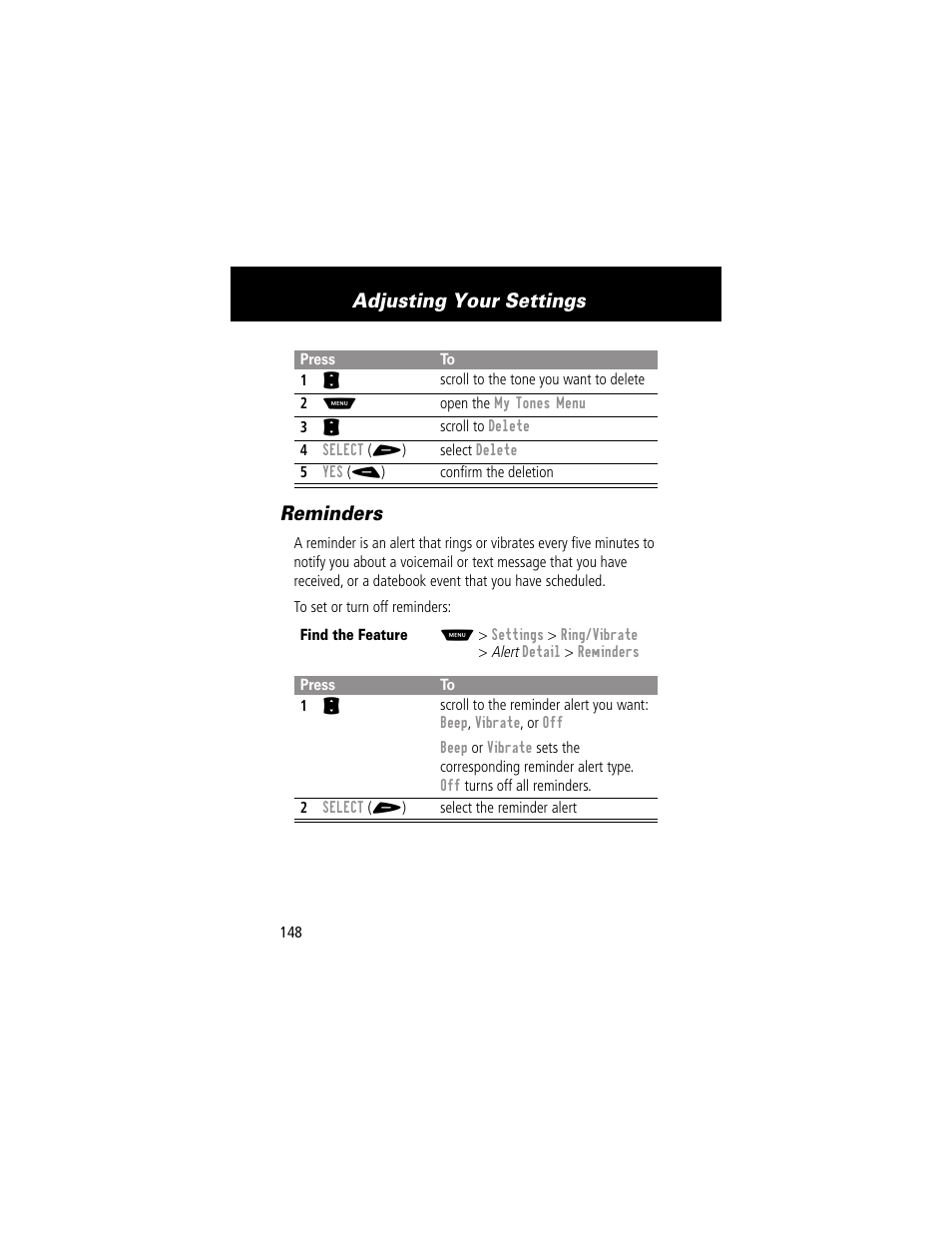 Reminders, Adjusting your settings | Motorola 60g User Manual | Page 150 / 222