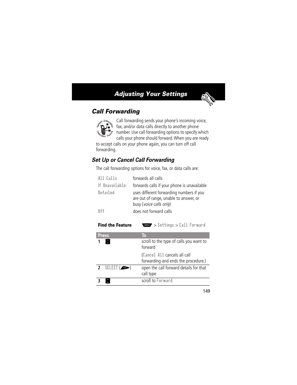 Call forwarding, Adjusting your settings call forwarding | Motorola 60g User Manual | Page 151 / 222