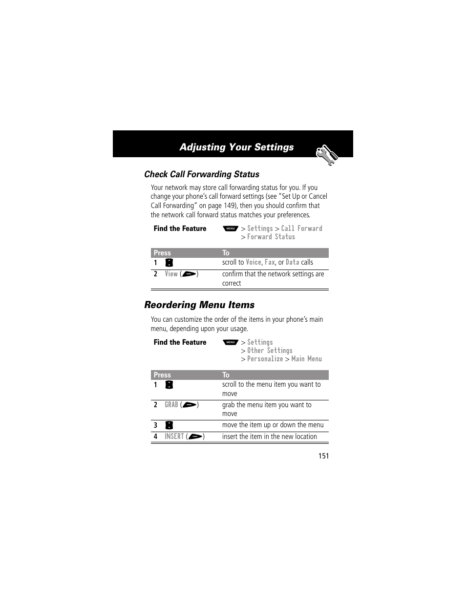 Reordering menu items, Adjusting your settings | Motorola 60g User Manual | Page 153 / 222