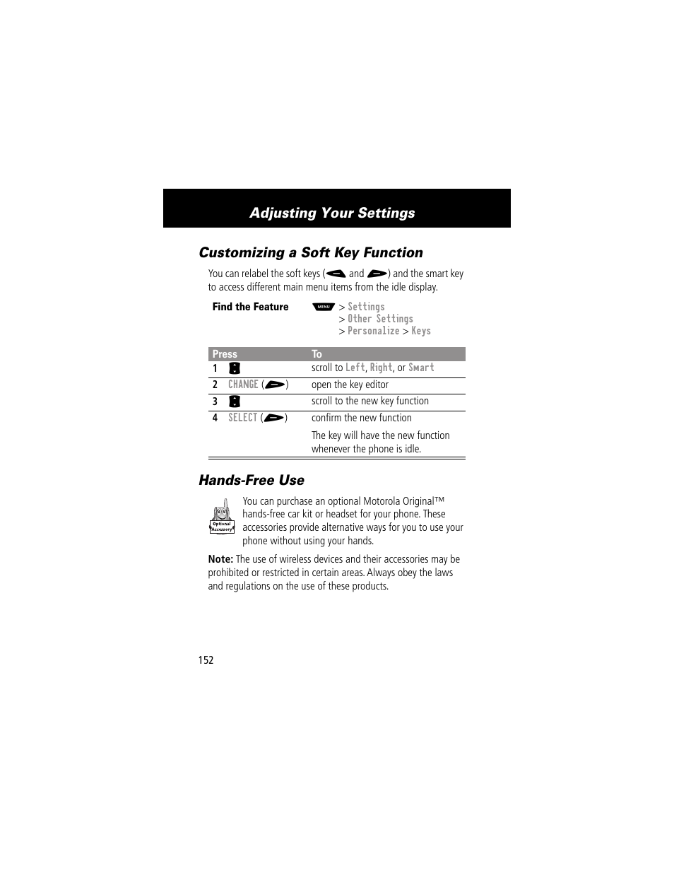 Customizing a soft key function, Handsfree use, Customizing a soft key function hands-free use | Adjusting your settings, Hands-free use | Motorola 60g User Manual | Page 154 / 222