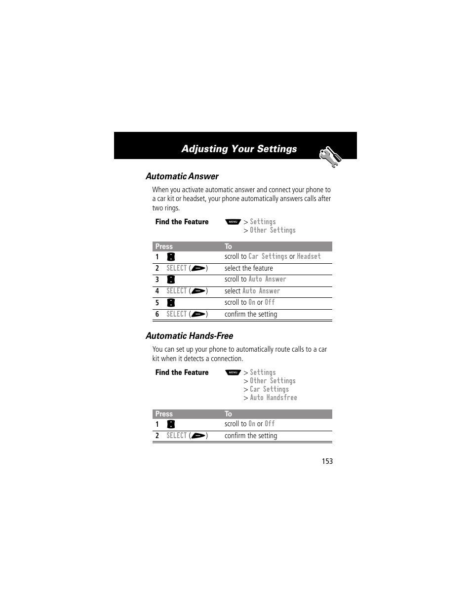 Adjusting your settings | Motorola 60g User Manual | Page 155 / 222