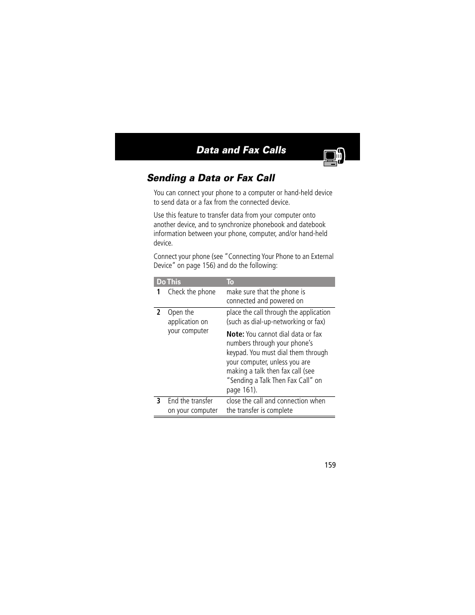 Sending a data or fax call, Data and fax calls sending a data or fax call | Motorola 60g User Manual | Page 161 / 222