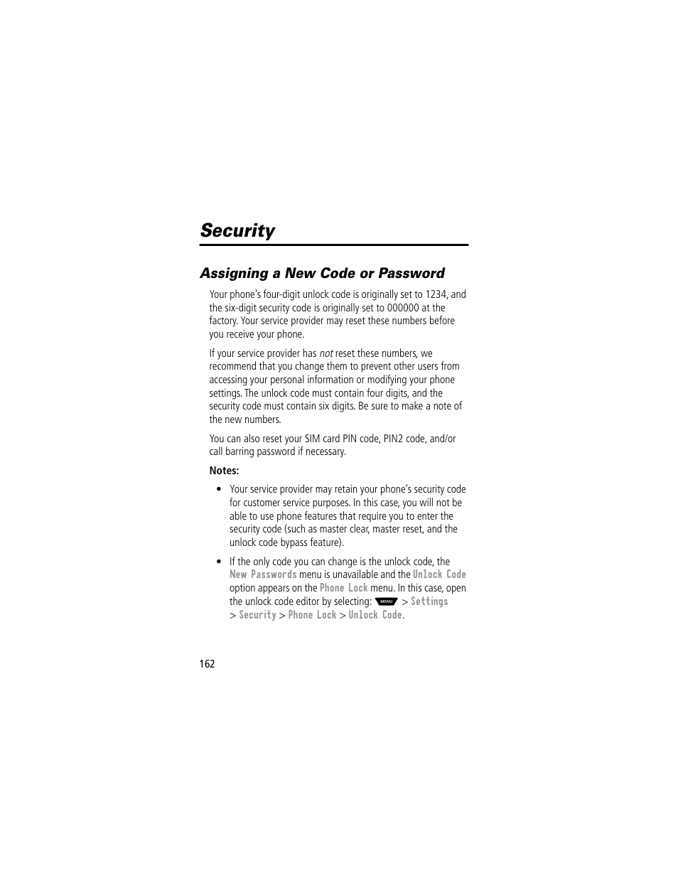 Security, Assigning a new code or password | Motorola 60g User Manual | Page 164 / 222