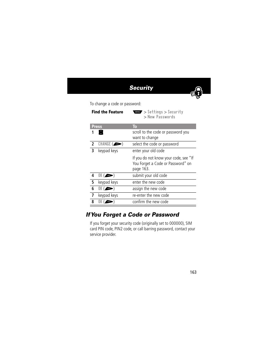 If you forget a code or password, Security | Motorola 60g User Manual | Page 165 / 222