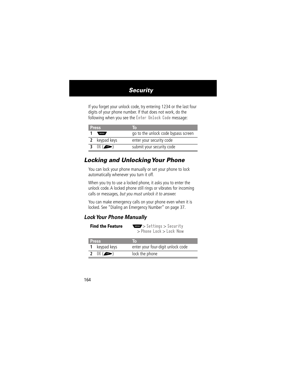 Locking and unlocking your phone, Security | Motorola 60g User Manual | Page 166 / 222