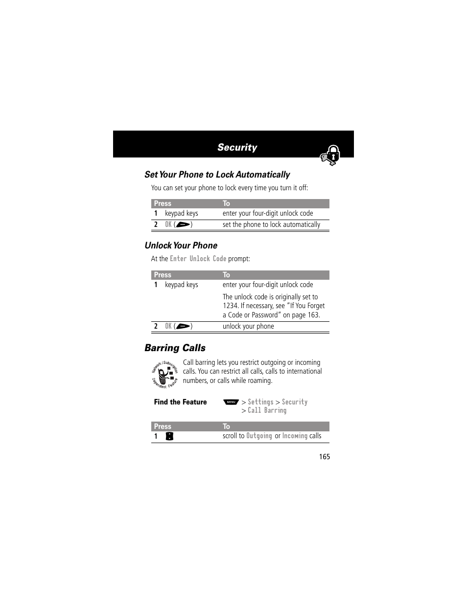 Barring calls, Security | Motorola 60g User Manual | Page 167 / 222