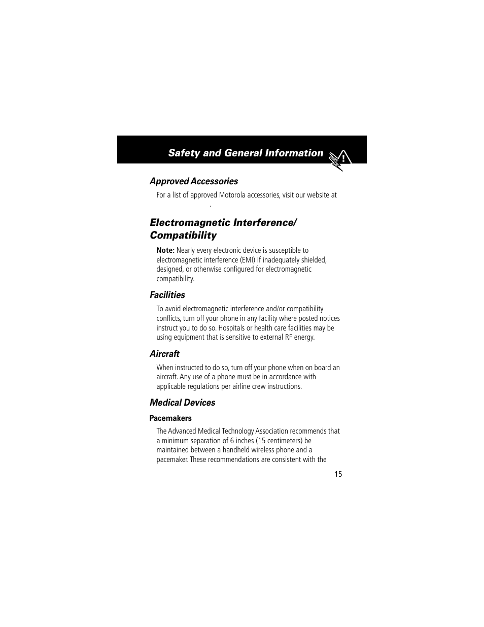 Safety and general information, Electromagnetic interference/ compatibility | Motorola 60g User Manual | Page 17 / 222