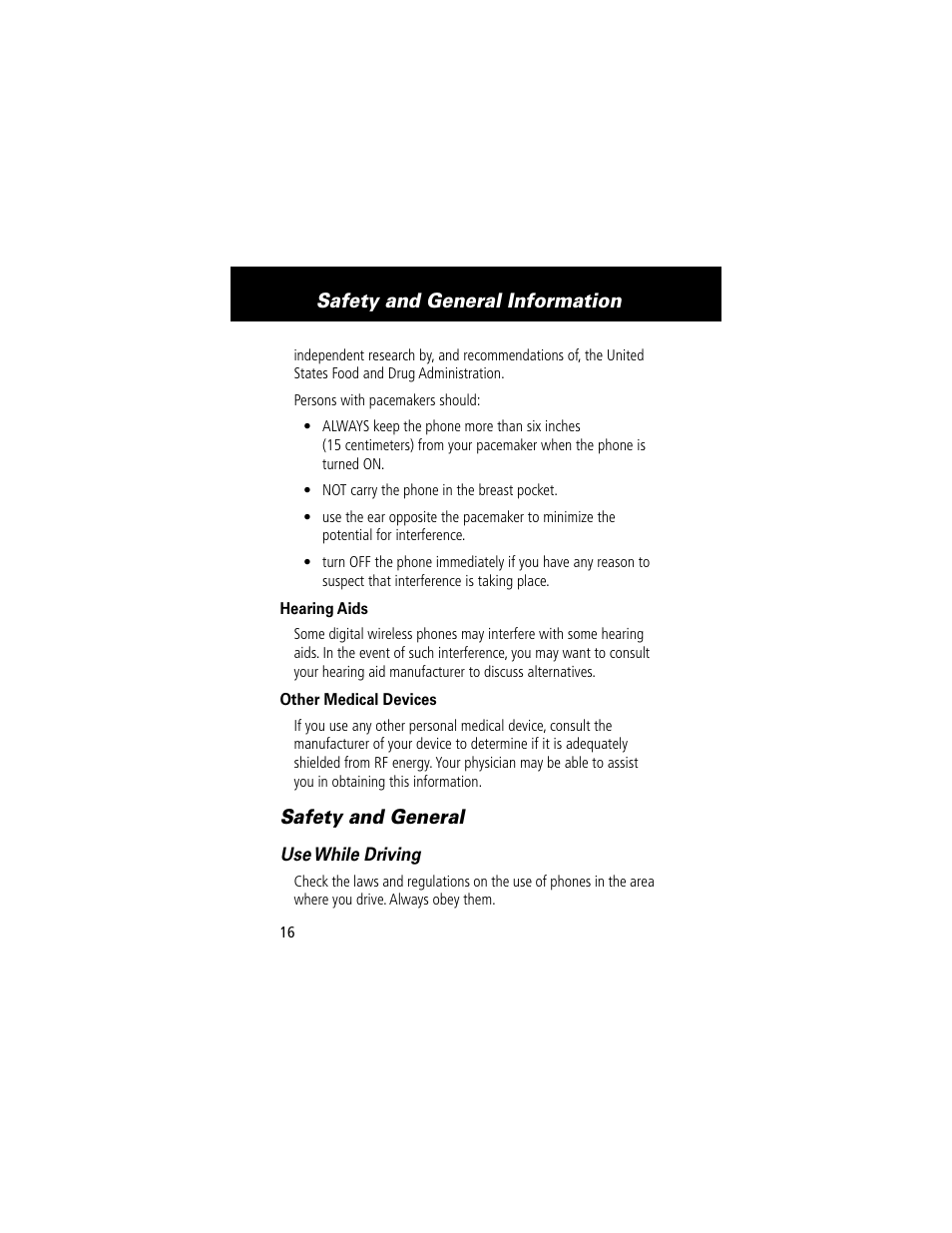 Safety and general information, Safety and general | Motorola 60g User Manual | Page 18 / 222