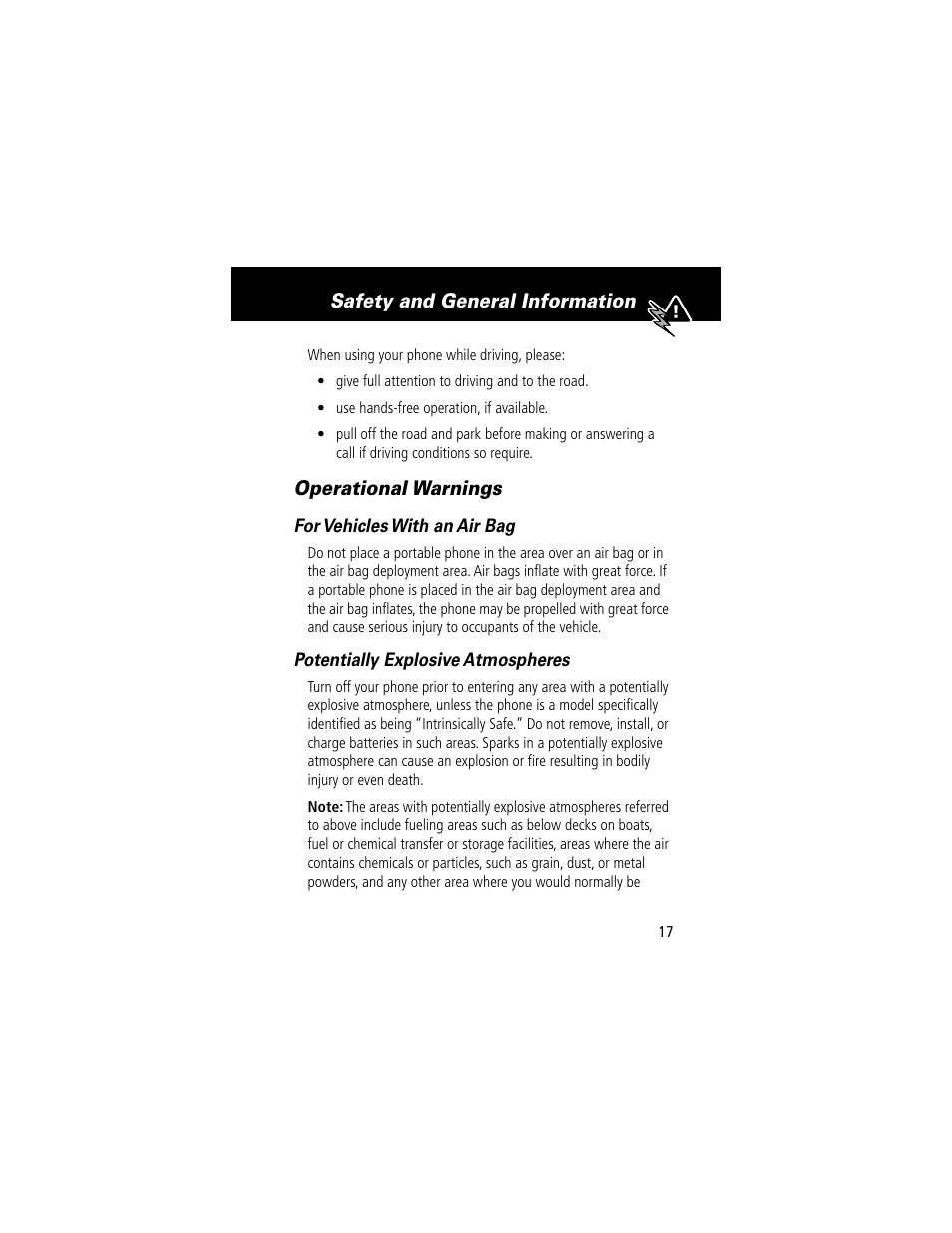 Safety and general information, Operational warnings | Motorola 60g User Manual | Page 19 / 222