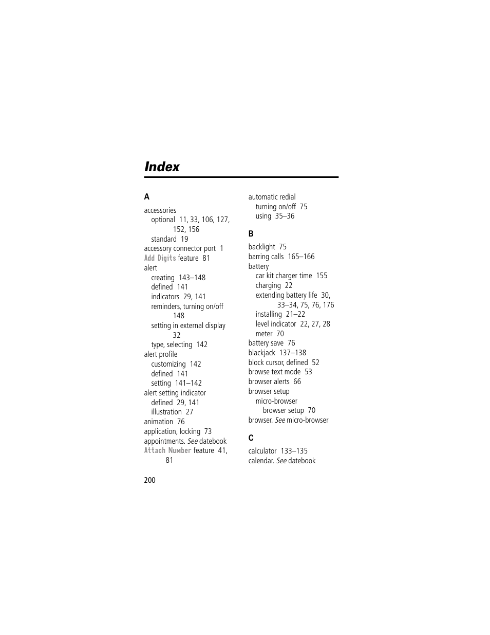 Index | Motorola 60g User Manual | Page 202 / 222