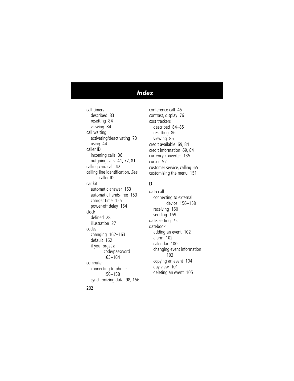 Index | Motorola 60g User Manual | Page 204 / 222