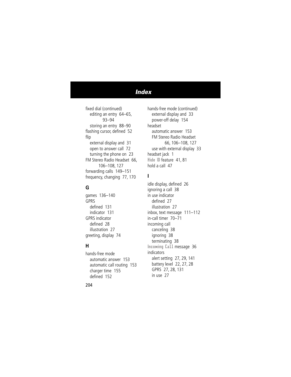 Index | Motorola 60g User Manual | Page 206 / 222