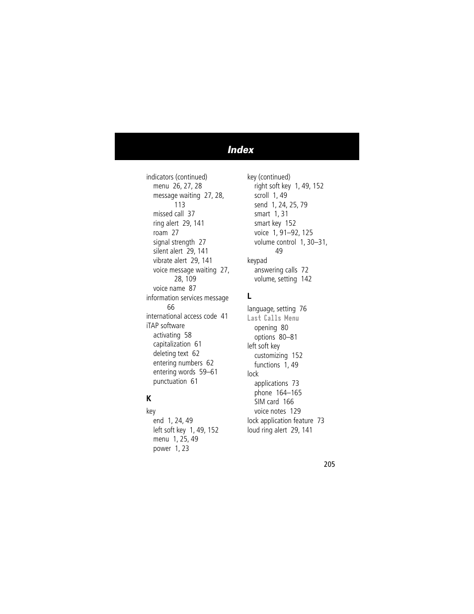 Index | Motorola 60g User Manual | Page 207 / 222