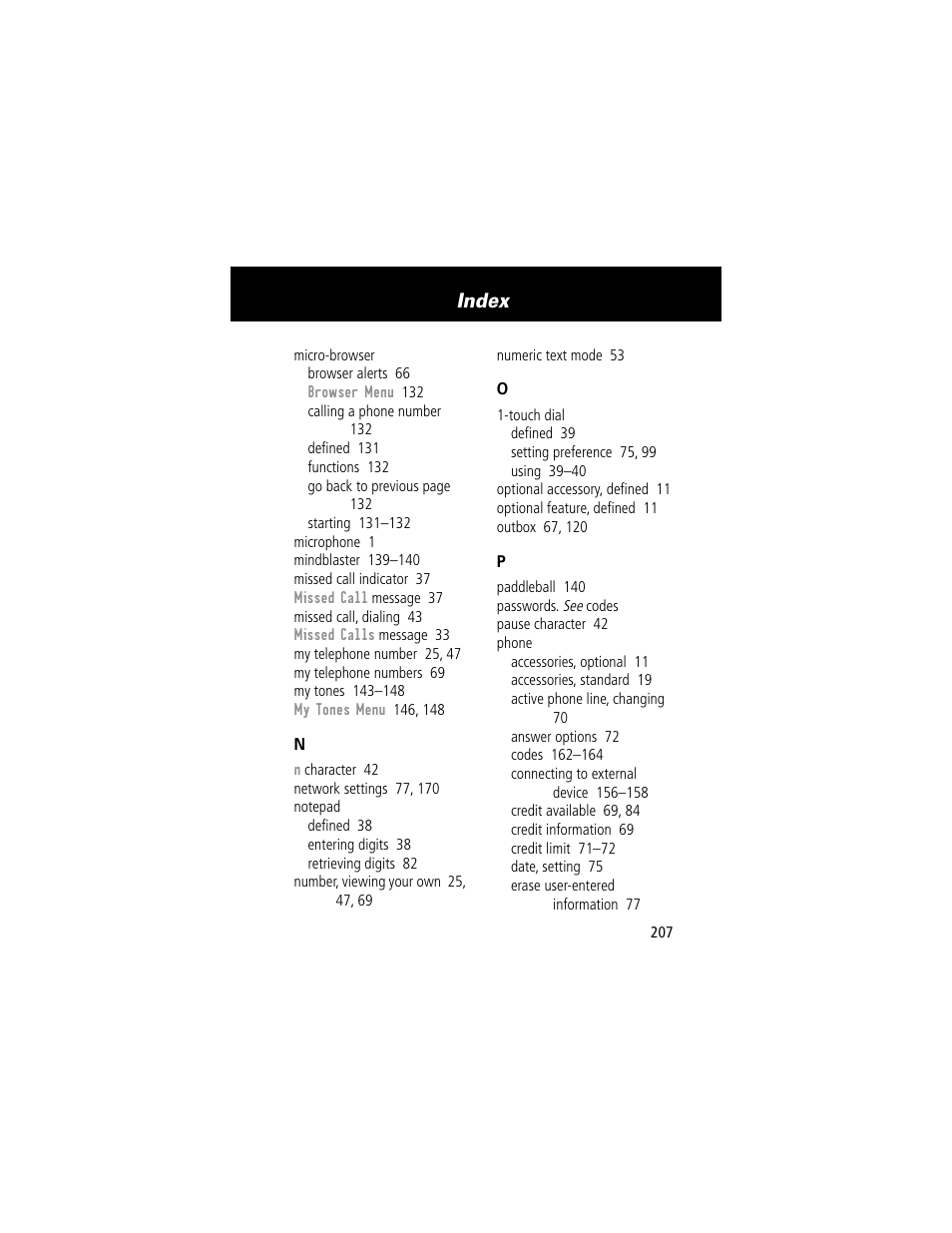 Index | Motorola 60g User Manual | Page 209 / 222