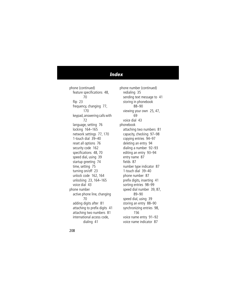 Index | Motorola 60g User Manual | Page 210 / 222