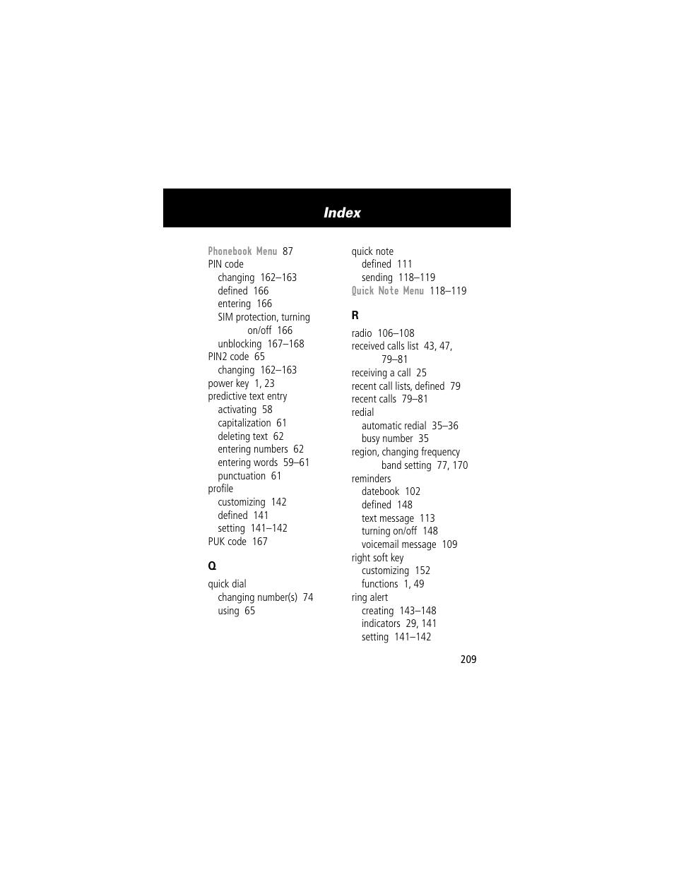 Index | Motorola 60g User Manual | Page 211 / 222