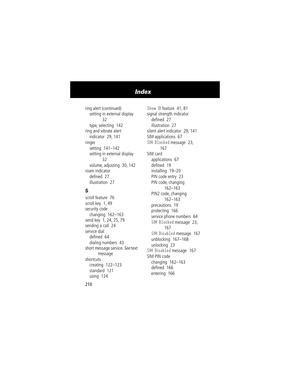 Index | Motorola 60g User Manual | Page 212 / 222