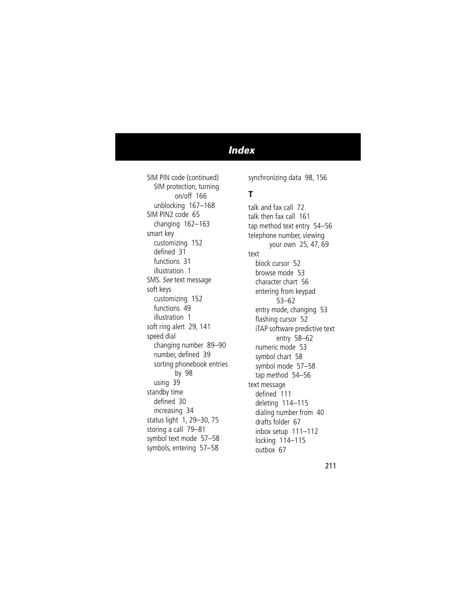 Index | Motorola 60g User Manual | Page 213 / 222