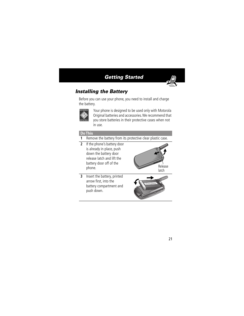 Installing the battery, Getting started installing the battery | Motorola 60g User Manual | Page 23 / 222