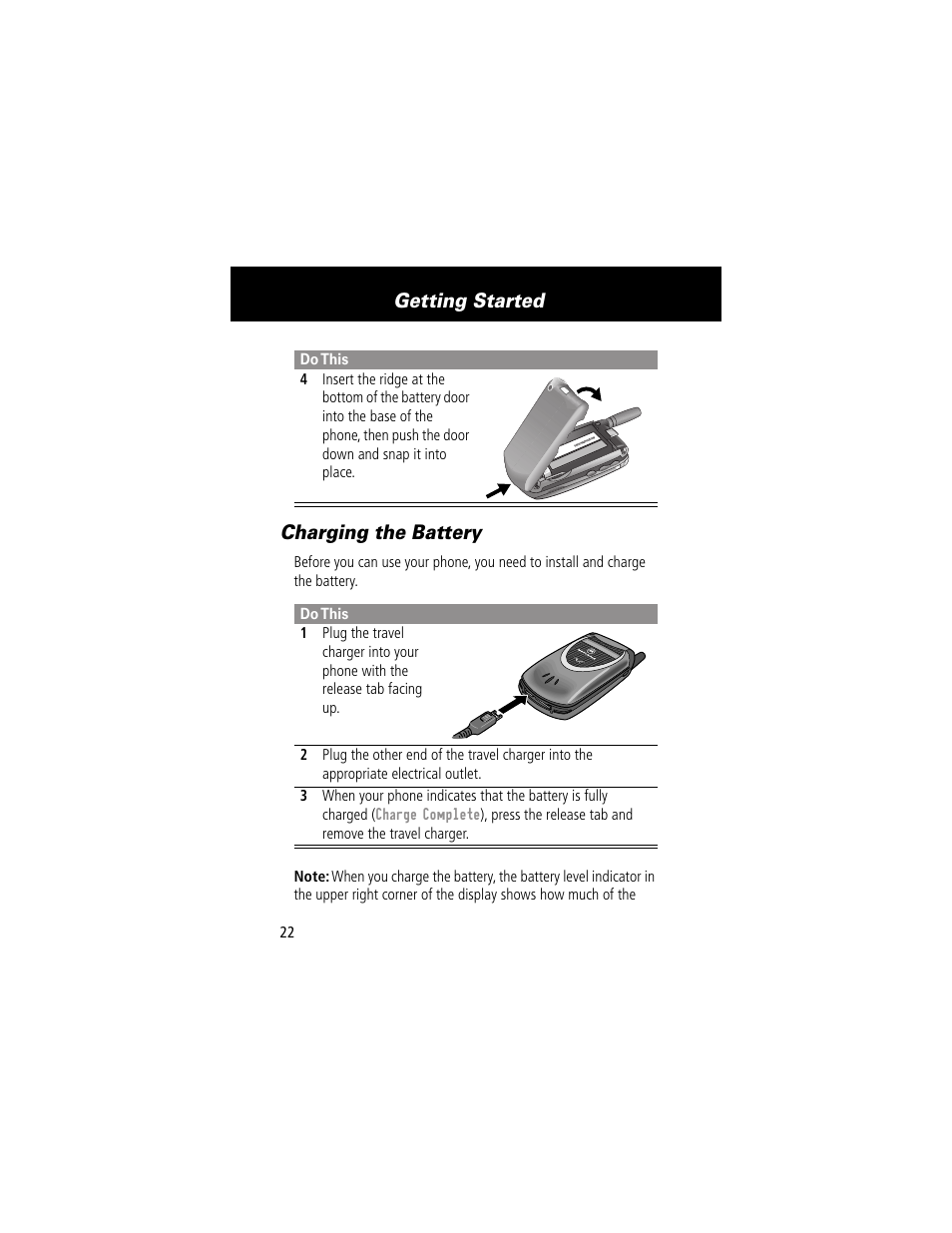 Charging the battery, Getting started | Motorola 60g User Manual | Page 24 / 222