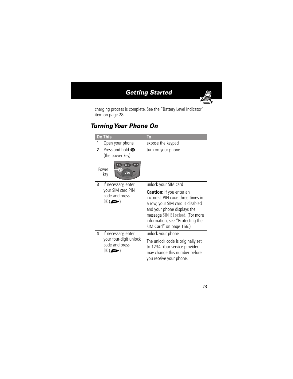 Turning your phone on, Getting started | Motorola 60g User Manual | Page 25 / 222