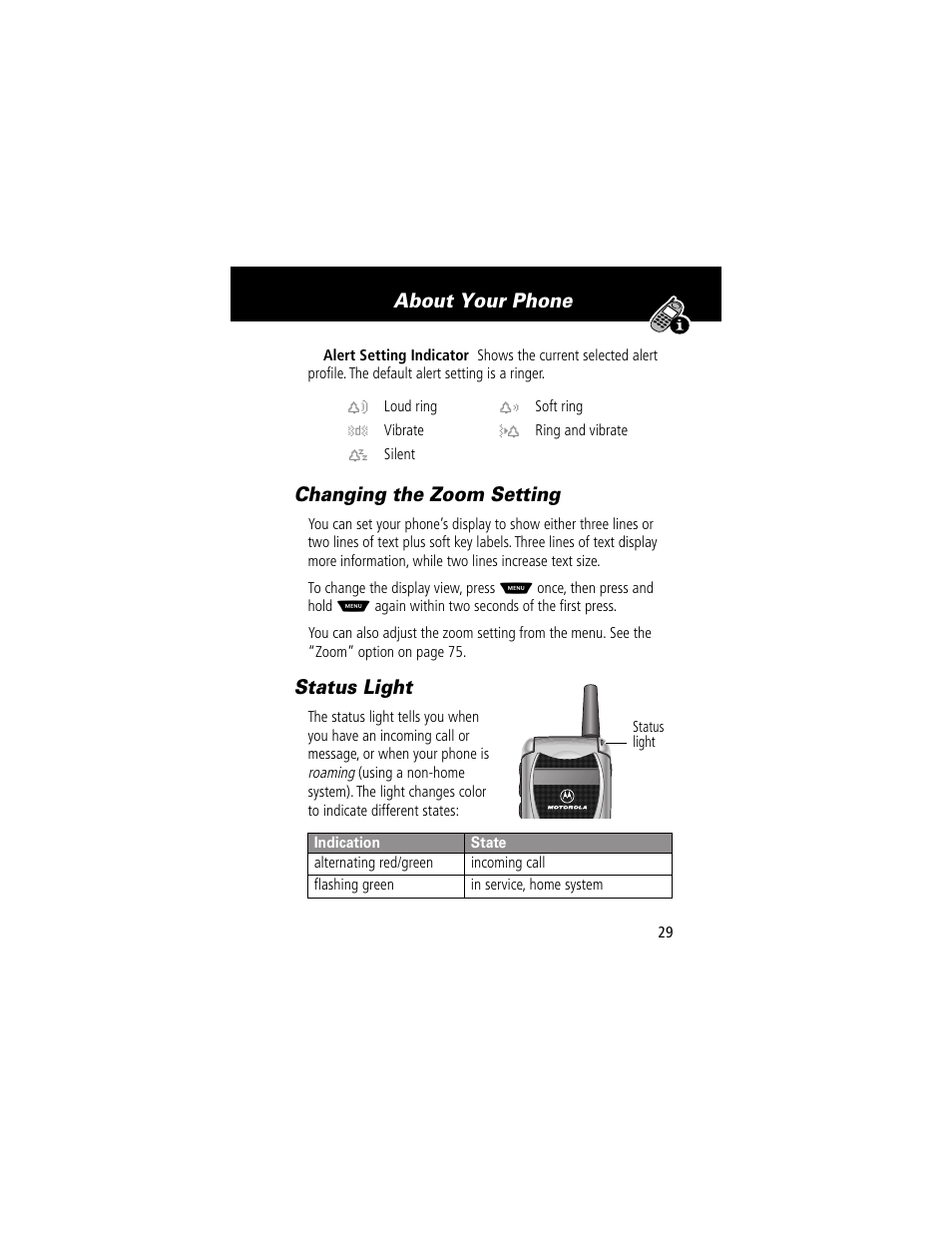 Changing the zoom setting, Status light, Changing the zoom setting status light | About your phone | Motorola 60g User Manual | Page 31 / 222