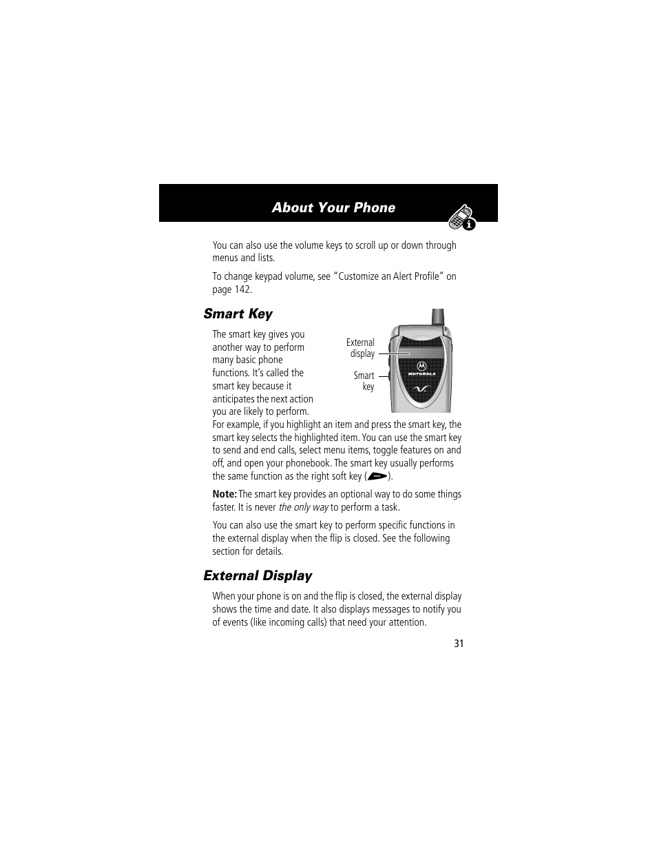 Smart key, External display, Smart key external display | About your phone | Motorola 60g User Manual | Page 33 / 222