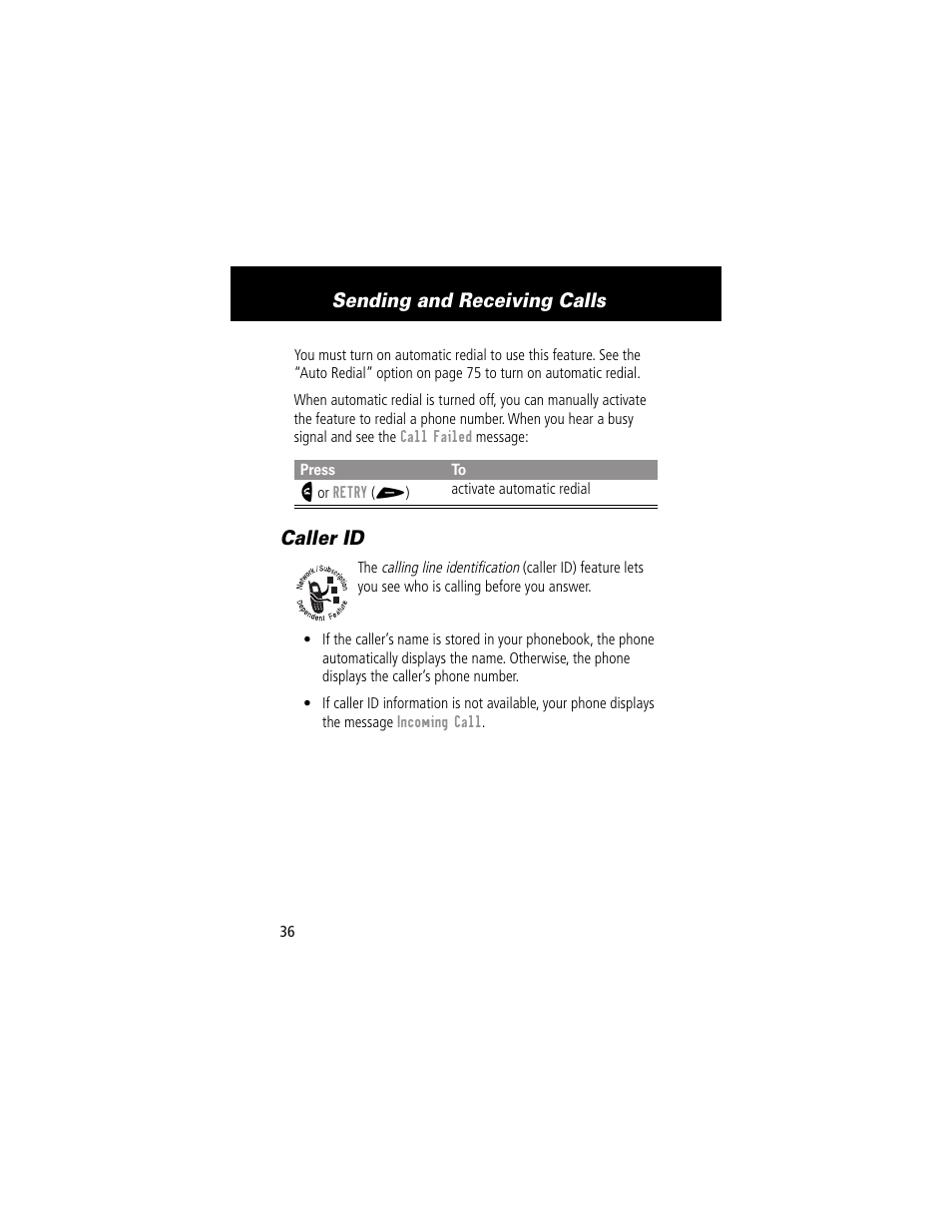 Caller id, Sending and receiving calls | Motorola 60g User Manual | Page 38 / 222