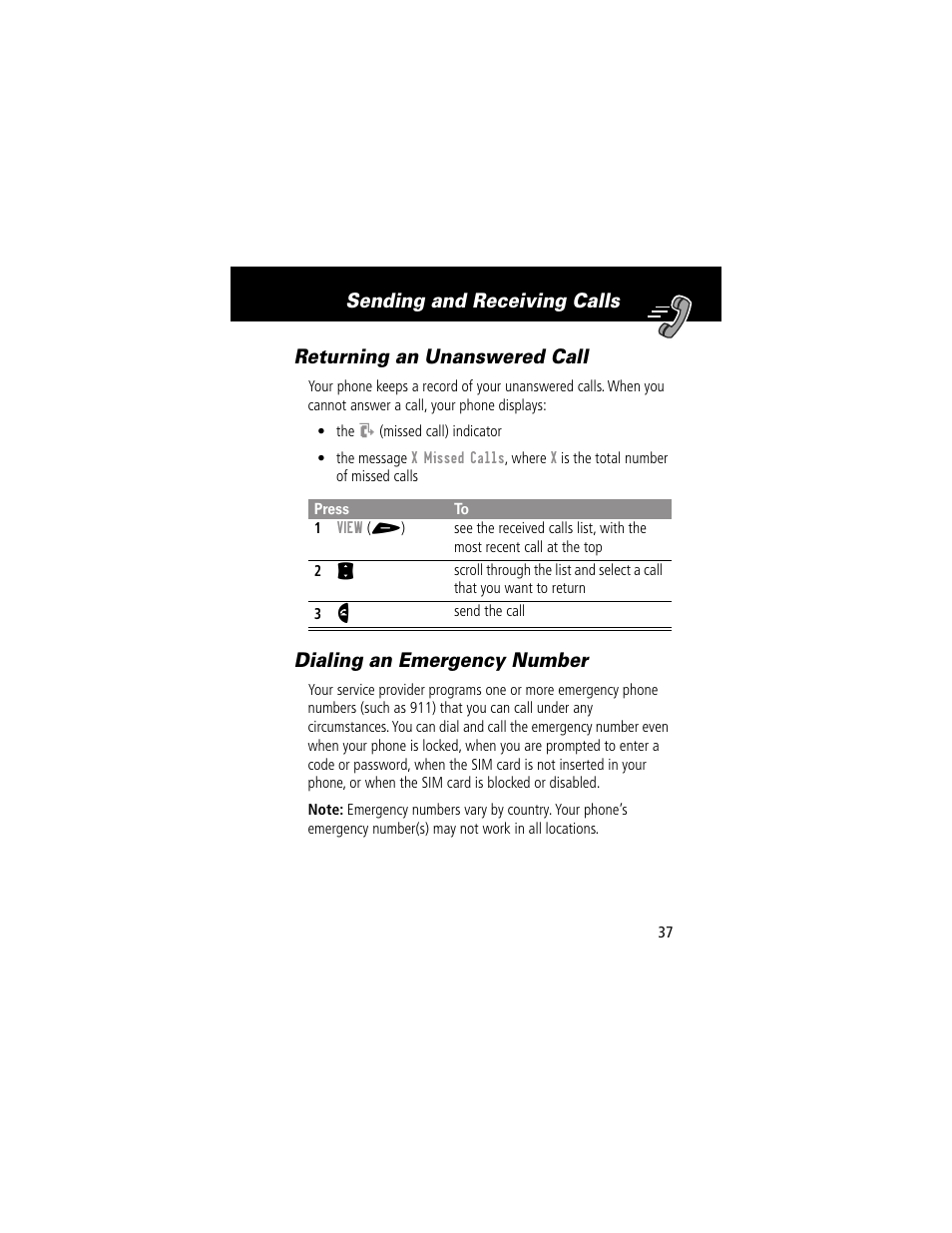 Returning an unanswered call, Dialing an emergency number | Motorola 60g User Manual | Page 39 / 222
