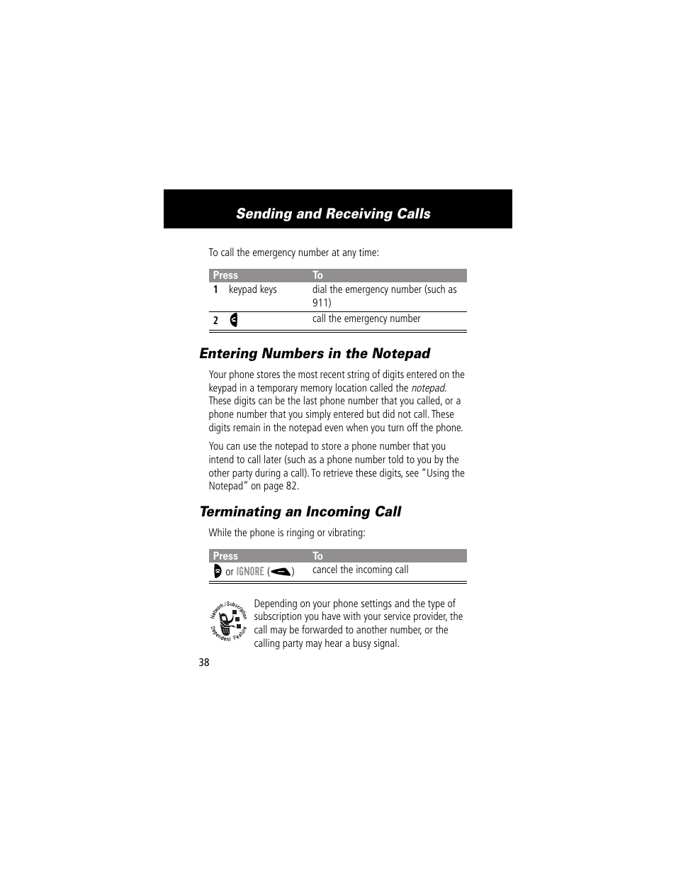 Entering numbers in the notepad, Terminating an incoming call, Recording a voice name for a phonebook entry | Sending and receiving calls | Motorola 60g User Manual | Page 40 / 222