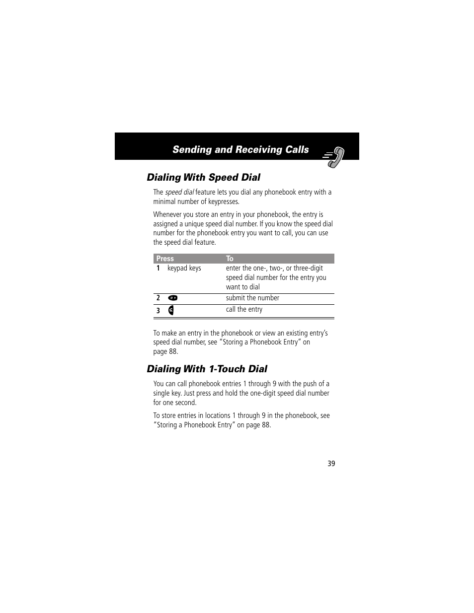 Dialing with speed dial, Dialing with 1touch dial, Dialing with speed dial dialing with 1-touch dial | Dialing with 1-touch dial | Motorola 60g User Manual | Page 41 / 222