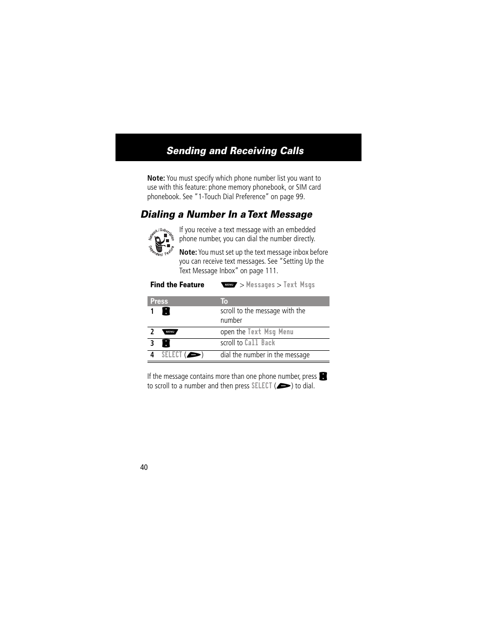 Dialing a number in a text message, Sending and receiving calls | Motorola 60g User Manual | Page 42 / 222